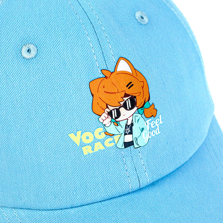 Light blue baseball cap with cute anime character, sunglasses, and &