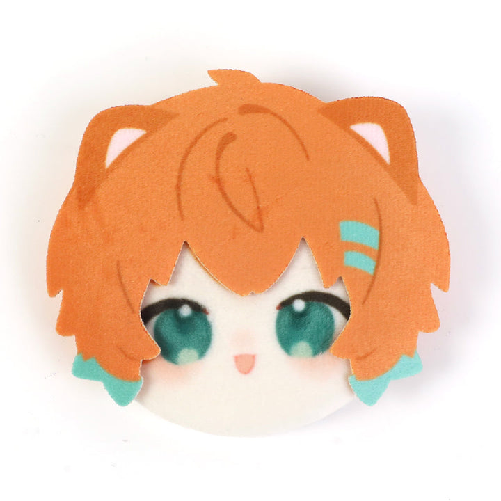 Custom 3D plush head anime button pin with orange hair and teal accents