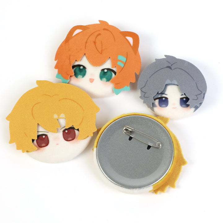 Custom 3D plush head button pins with anime character faces and soft fabric design
