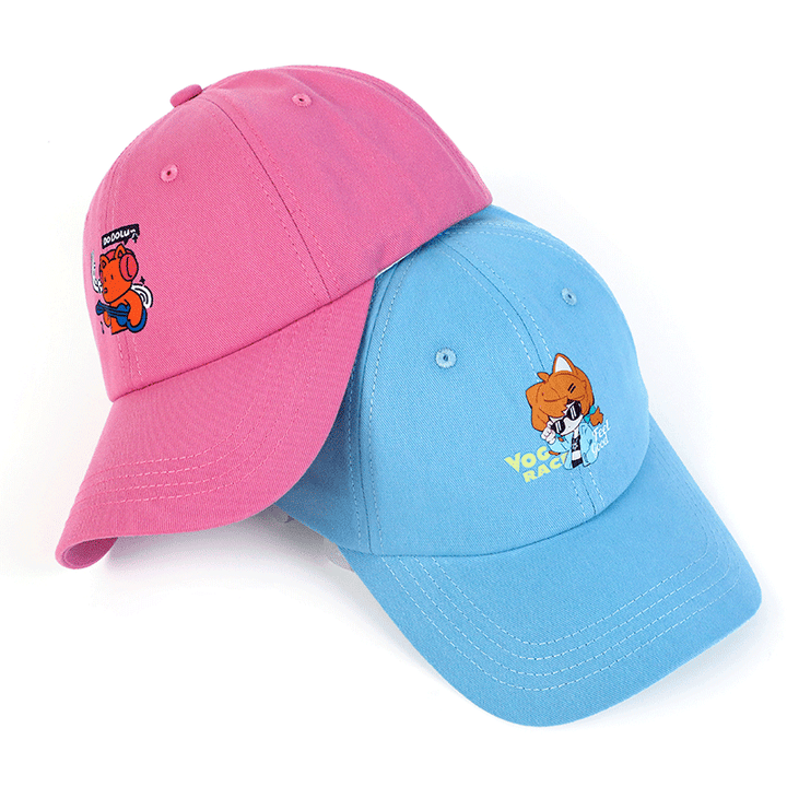 Custom pink and blue baseball caps with cartoon animal embroidery, animation merchandise