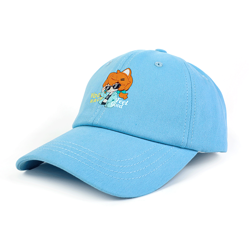 Light blue custom baseball cap with cartoon fox character embroidery and white stitching