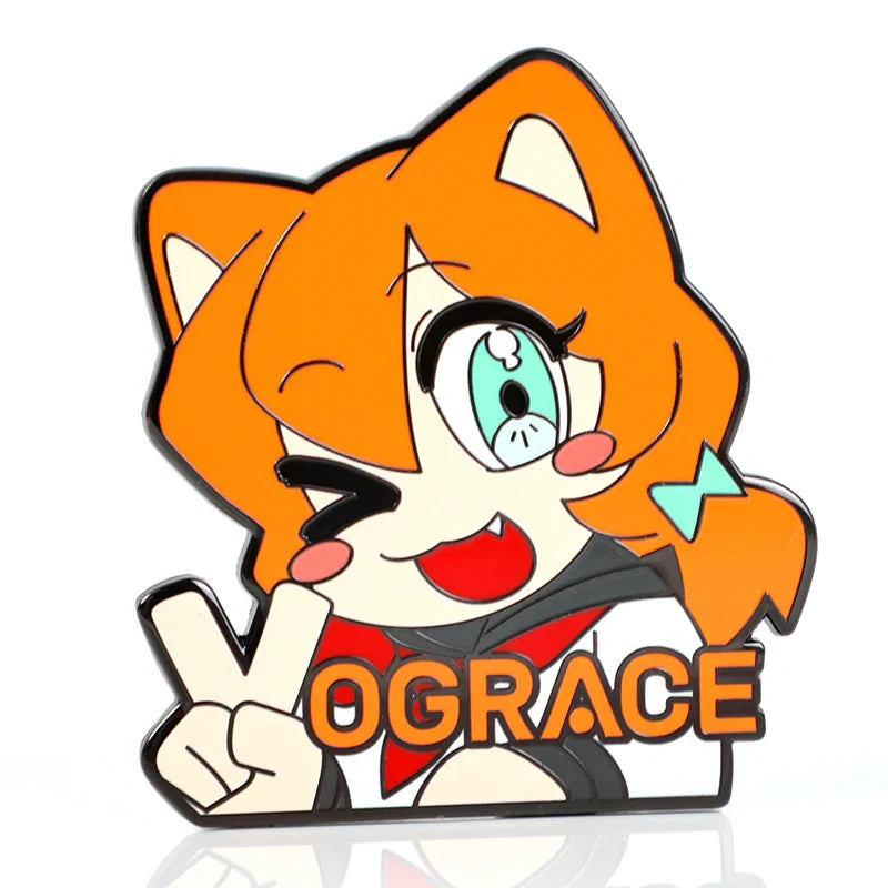 custom enamel pin featuring orange cartoon fox character winking and showing peace sign