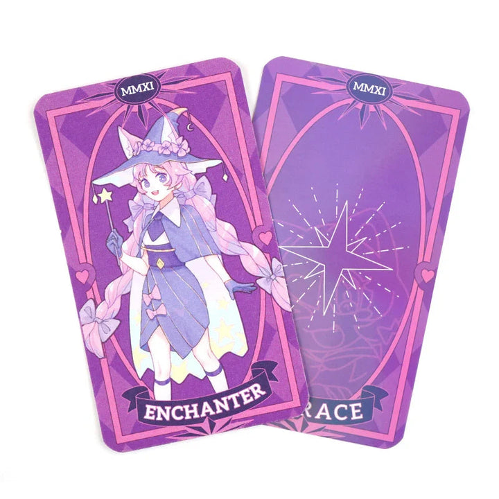 Custom anime-style tarot cards with purple magical enchanter illustration and star design