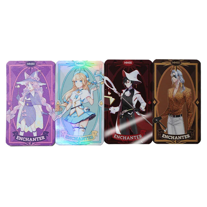 Custom game cards with anime-style enchanter characters in vibrant colors
