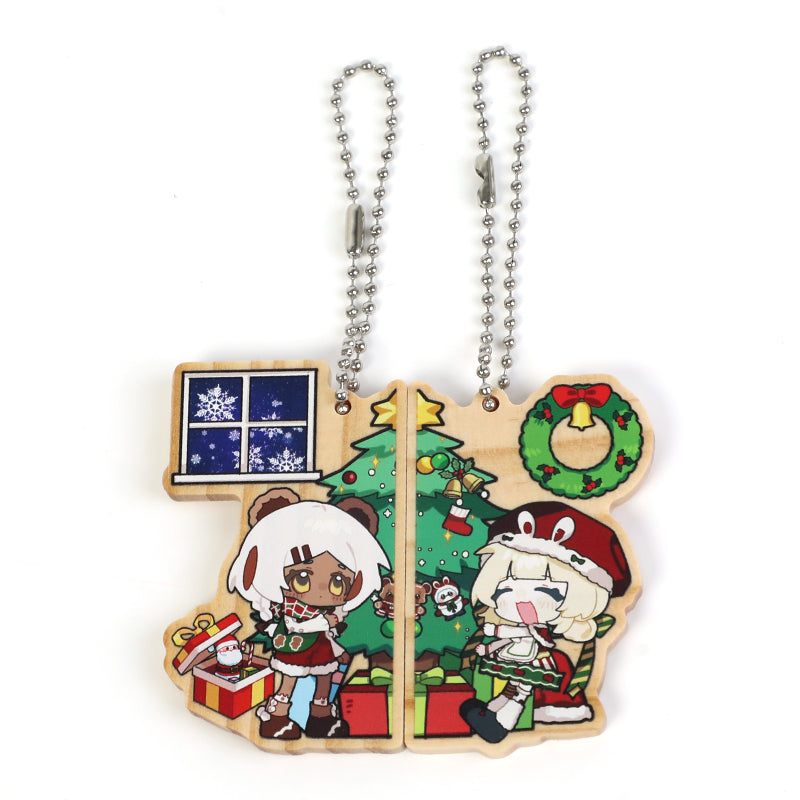 Custom wooden magnetic keychains with anime characters, Christmas tree, gifts, and holiday decor