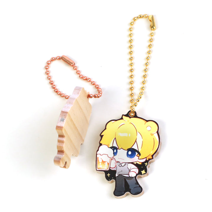 Custom wooden magnetic keychains with anime-style character holding a drink, gold and copper chains.