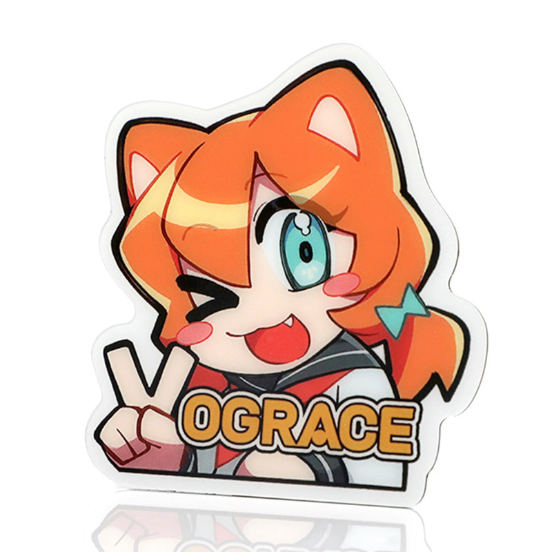 Custom anime-style acrylic fridge magnet with orange-haired cat girl winking and peace sign