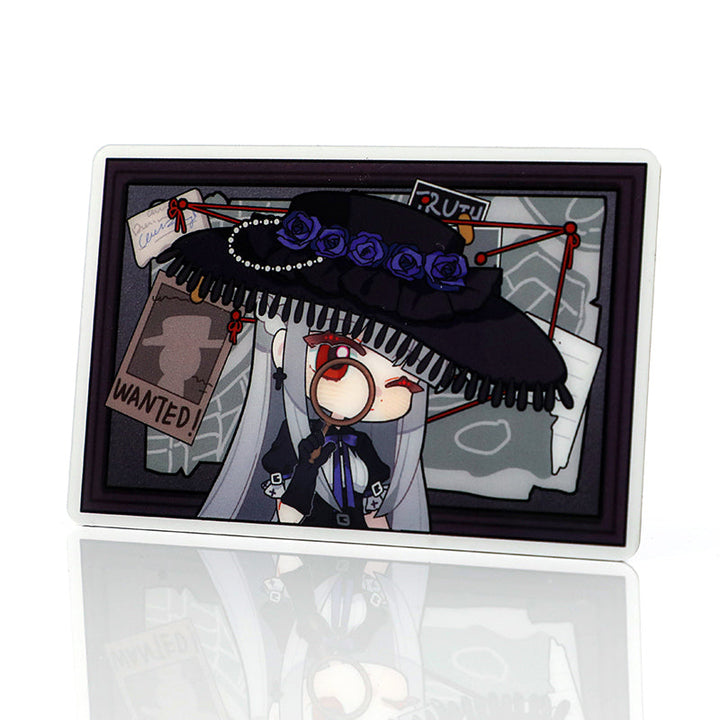 Custom rectangular acrylic fridge magnet featuring an anime detective character and mystery board design.