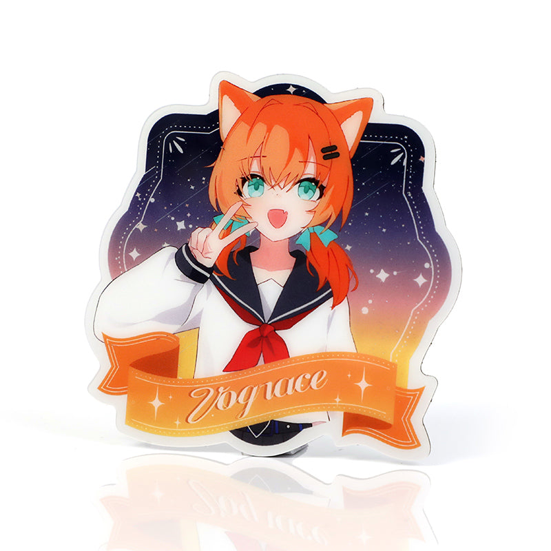 Custom acrylic fridge magnet with anime girl, orange hair, cat ears, and starry background