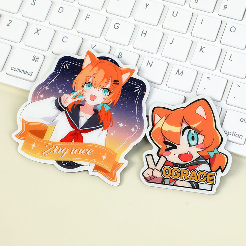 Custom anime acrylic fridge magnets with orange-haired cat girl on white keyboard