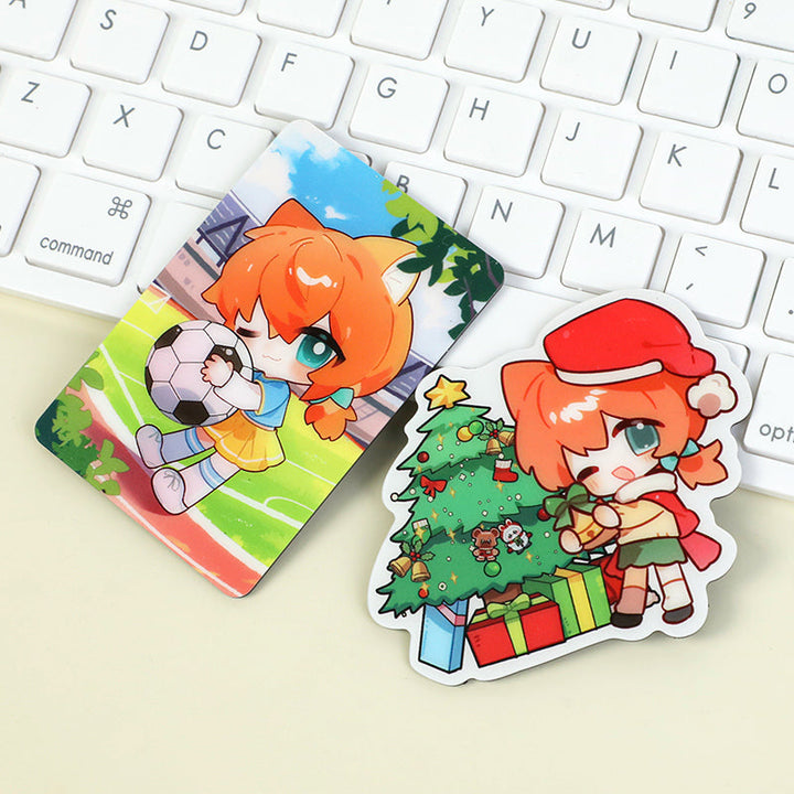 Custom acrylic fridge magnets with anime-style orange-haired character, soccer and Christmas designs