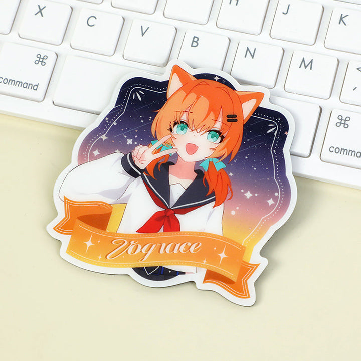 Custom acrylic anime fridge magnet with orange-haired cat girl and sailor uniform on keyboard