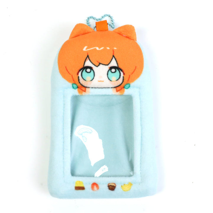 Custom plush card holder with anime girl face, clear window, and colorful food icons