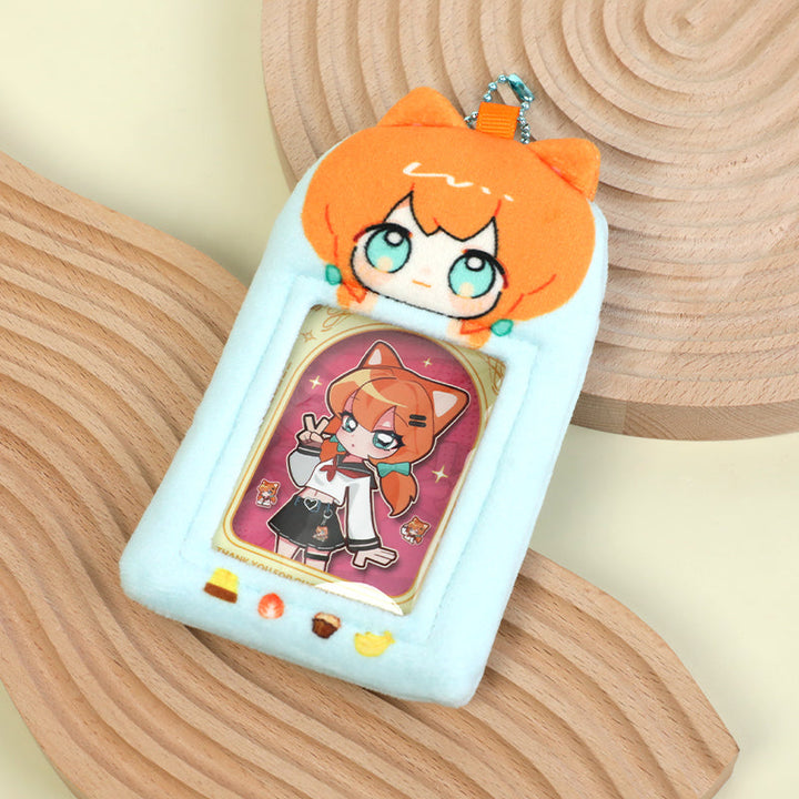 Custom short plush card holder with cute orange cat anime character and keychain